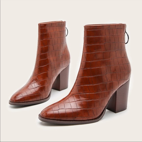 PREORDER! Cognac Crocodile Western Heeled Booties - Picture 2 of 5